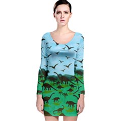 Dinosaurs Printed Light Blue & Green Long Sleeve Velvet Bodycon Dress