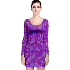 Geometric Dinosaurs Blue Violet Long Sleeve Velvet Bodycon Dress