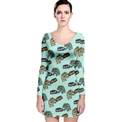 Mint Hello Dino Long Sleeve Velvet Bodycon Dress