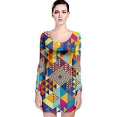 Geometrical Colorful Iridescent Pattern Long Sleeve Velvet Bodycon Dress