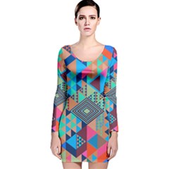 Colorful Geometrical Cool Iridescent Pattern Long Sleeve Velvet Bodycon Dress