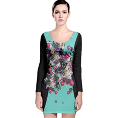 Vintage Floral Turquoise Butterfly Slimming Print Long Sleeve Velvet Bodycon Dress