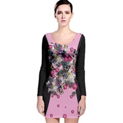 Vintage Floral Pink Butterfly Slimming Print Long Sleeve Velvet Bodycon Dress