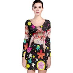 Floral Black Cute Rabbit Kawaii Long Sleeve Velvet Bodycon Dress