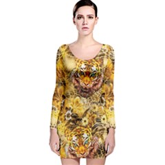 Vintage Floral Yellow Tiger Print Stretch Long Sleeve Velvet Bodycon Dress