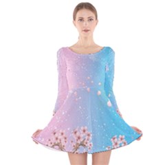 Blossom Light Blue & Pink Pantone Japanese Style Cherry Blossom Long Sleeve Velvet Skater Dress