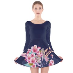 Navy Blossom Japanese Style Cherry Blossom Long Sleeve Velvet Skater Dress by CoolDesigns