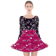 Deep Pink & Black Sakura Fuji Blossom Long Sleeve Velvet Skater Dress