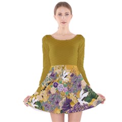 Blossom Olive Pantone Japanese Style Cherry Blossom Long Sleeve Velvet Skater Dress by CoolDesigns