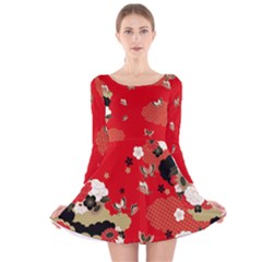 Red Butterflies Japanese Style Cherry Blossom Long Sleeve Velvet Skater Dress