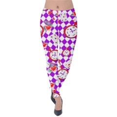 Checkered Blue Violet Alice Wonderland Time Velvet Leggings