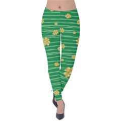 Hand Drawn Stripes Sea Green Shamrock Clover Velvet Leggings by CoolDesigns