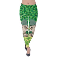 Cute Kitty Cat Face Green Shamrock Clover Velvet Leggings by CoolDesigns