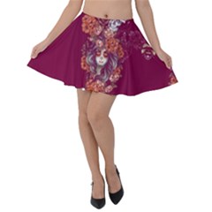 Roses Floral Dark Magenta Elegant Skulls Prints Velvet Skater Skirt by CoolDesigns