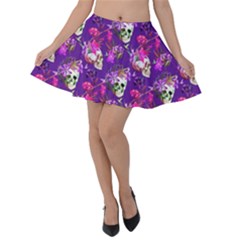 Indigo Skull And Flowers Pattern Velvet Skater Skirt