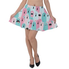 Sky Blue & Pink Funny Ghost Print Velvet Skater Skirt