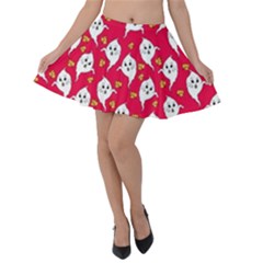 Crimson Adorable Autumn Ghost Print Velvet Skater Skirt