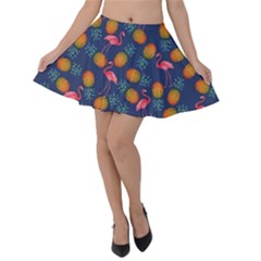 Pineapple Flamingo Midnight Blue Tropical Beach Velvet Skater Skirt