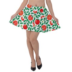 Red & Sea Green Tomatoes Pattern Velvet Skater Skirt