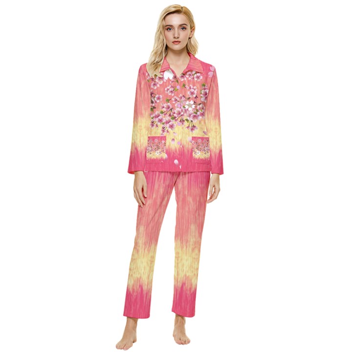 Cherry Blossom Paint Brush Pink Japanese Style Long Sleeve Pocket Pajamas Set