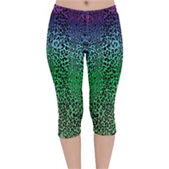 Leopard Colorful Green Digital Print Stretch Velvet Capri Leggings  by CoolDesigns