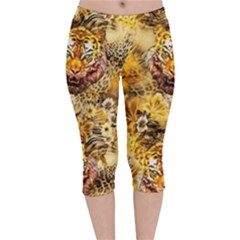 Vintage Floral Yellow Orange Tiger Print Stretch Velvet Capri Leggings  by CoolDesigns