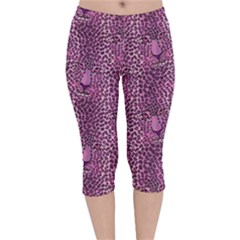 Leopard Face Dark Violet Print Stretch Velvet Capri Leggings  by CoolDesigns