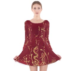 Vintage Dragon Red Chinese Print Long Sleeve Velvet Skater Dress