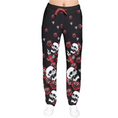 Roses Black Skulls Print Women Velvet Drawstring Pants by CoolDesigns