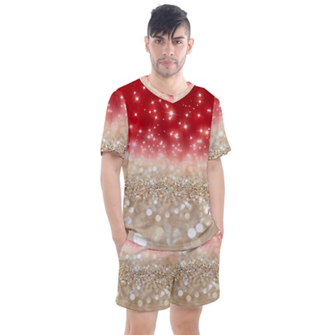 Abstract, Christmas, Glittery, Gold, Red Men s Mesh T-shirt And Shorts Set by kyorashop23