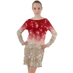 Abstract, Christmas, Glittery, Gold, Red Long Sleeve Hoodie Dress