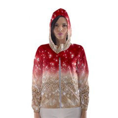 Abstract, Christmas, Glittery, Gold, Red Women s Hooded Windbreaker