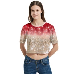 Abstract, Christmas, Glittery, Gold, Red Women s Round Neck Short Sleeve Crop Top