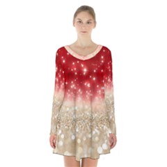 Abstract, Christmas, Glittery, Gold, Red Long Sleeve Velvet V-neck Dress