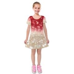 Abstract, Christmas, Glittery, Gold, Red Kids  Short Sleeve Velvet Dress