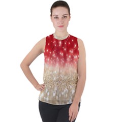 Abstract, Christmas, Glittery, Gold, Red Mock Neck Chiffon Sleeveless Top by kyorashop23