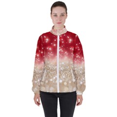 Abstract, Christmas, Glittery, Gold, Red Women s High Neck Windbreaker