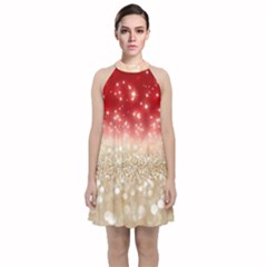 Abstract, Christmas, Glittery, Gold, Red Velvet Halter Neckline Dress 