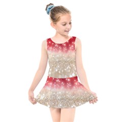 Abstract, Christmas, Glittery, Gold, Red Kids  Skater Dress Swimsuit by kyorashop23