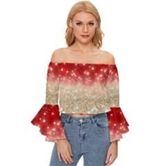 Abstract, Christmas, Glittery, Gold, Red Off Shoulder Flutter Bell Sleeve Top