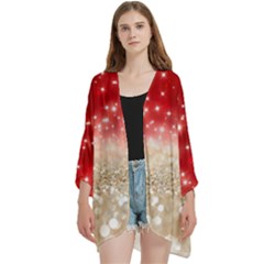 Abstract, Christmas, Glittery, Gold, Red Open Front 3/4 Sleeve Batwing Chiffon Cardigan Kimono