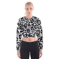 Black Floral Background, Vintage Floral Pattern Cropped Sweatshirt