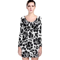 Black Floral Background, Vintage Floral Pattern Long Sleeve Velvet Bodycon Dress