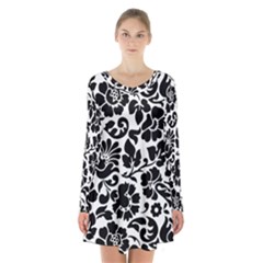 Black Floral Background, Vintage Floral Pattern Long Sleeve Velvet V-neck Dress