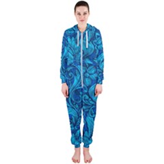 Blue Floral Pattern Texture, Floral Ornaments Texture, Blue Floral Background Hooded Jumpsuit (ladies)