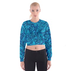 Blue Floral Pattern Texture, Floral Ornaments Texture, Blue Floral Background Cropped Sweatshirt