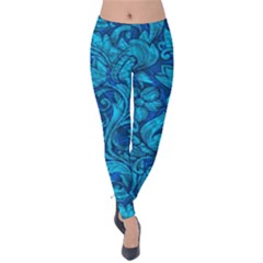 Blue Floral Pattern Texture, Floral Ornaments Texture, Blue Floral Background Velvet Leggings