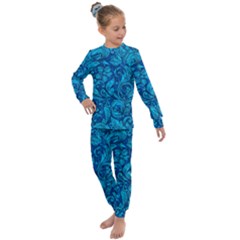 Blue Floral Pattern Texture, Floral Ornaments Texture, Blue Floral Background Kids  Long Sleeve Set 