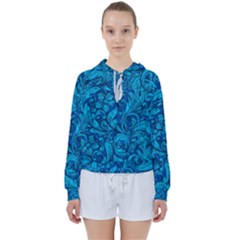 Blue Floral Pattern Texture, Floral Ornaments Texture, Blue Floral Background Women s Tie Up Sweat