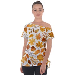 Brown Autumn Leaves Off Shoulder Tie-up T-shirt